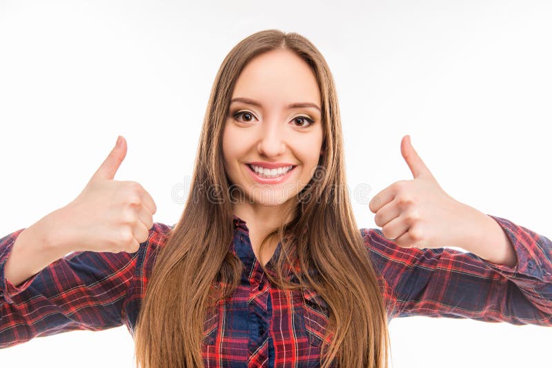 Happy Beautiful Girl Showing Thumbs Up and Smiling Stock Image - Image ...