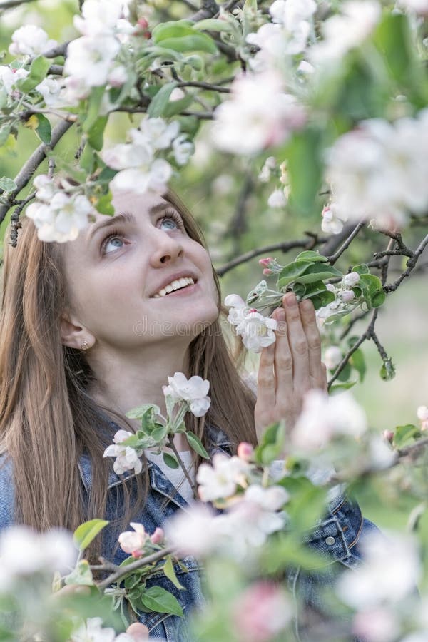 Happy Beautiful Woman Near Blossoming Apple Tree Enjoys The Aroma Of Flowers Portrait Of Girl