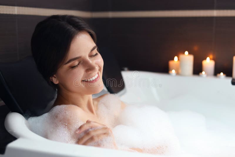 Happy Beautiful Woman Taking Bubble Bath Romantic Atmosphere Stock Image Image Of Caucasian