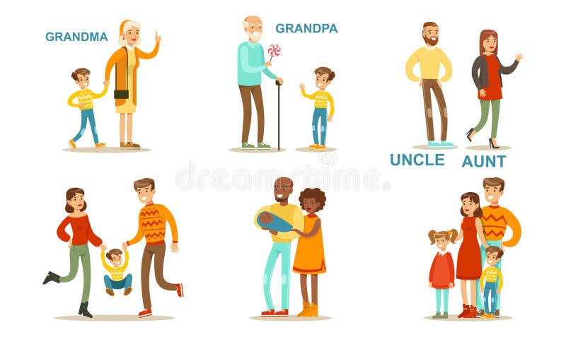 Happy Big Family Members Set, Grandma, Grandpa, Aunt, Uncle, Mother,  Father, Children Vector Illustration Stock Vector - Illustration of cute,  parent: 160512149