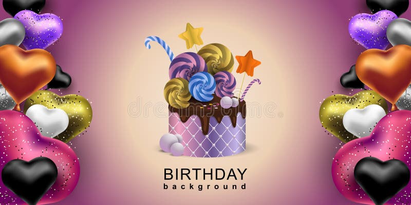 Happy Birthday Background. Colorful Balloons Heart Shape and Chocolate Cake  Vector Invitation Banner Stock Illustration - Illustration of food,  backdrop: 179295780
