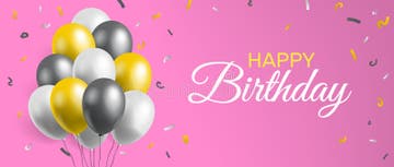 Happy Birthday Banner Design With Yellow White Gray Balloons And Confetti On Pink Background 