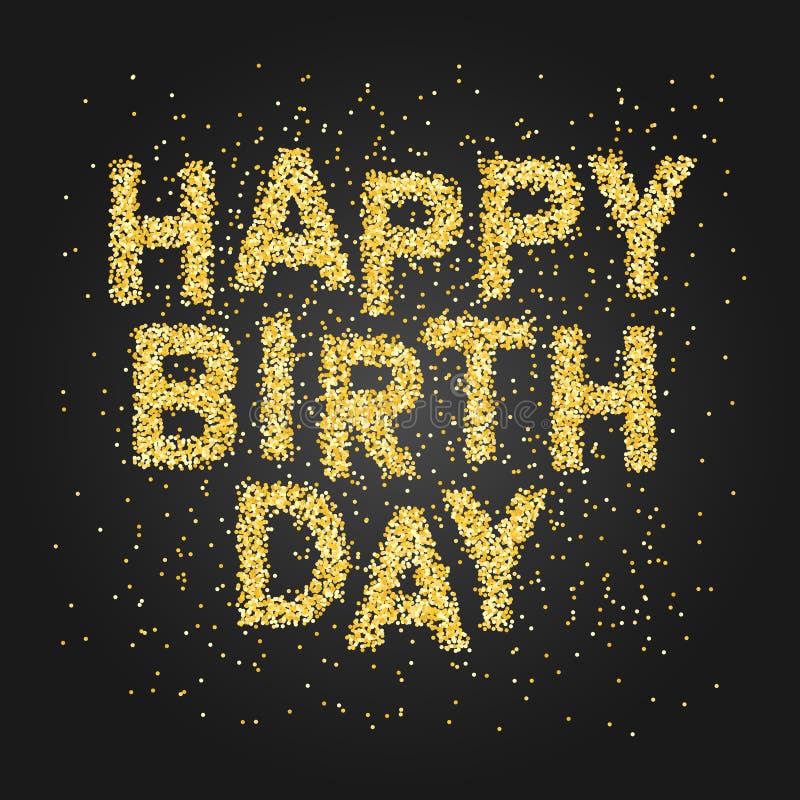 Happy Birthday Banner with Golden Glittering Text on Black Background ...