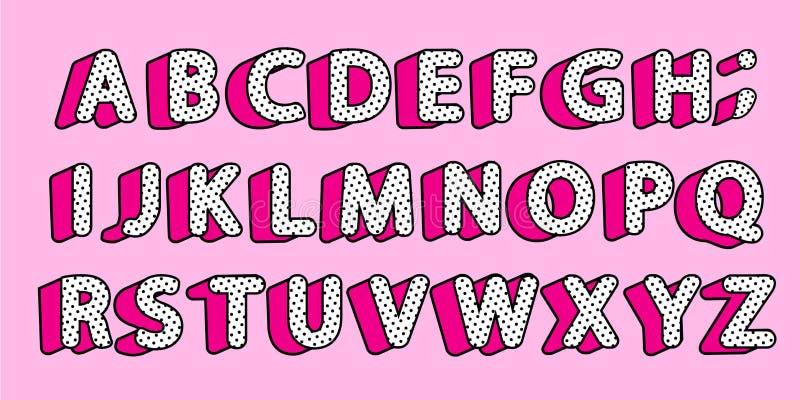 Cute black polka dots 3D english alphabet letters set. Vector LOL girly doll surprise style.