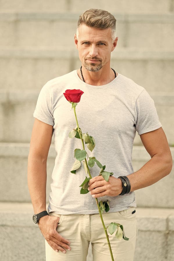 Happy Birthday Bearded Man Holding Fresh Natural Birthday Gift Handsome Man With Red Rose For Birthday Celebrating Stock Image Image Of Attractive Celebrate