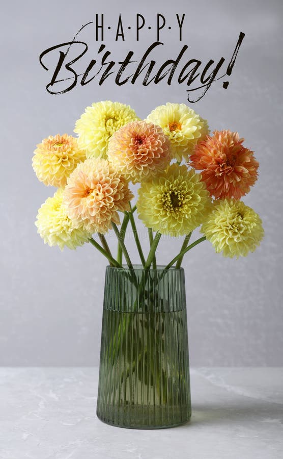 Happy Birthday! Beautiful yellow dahlia flowers in vase on table against grey background