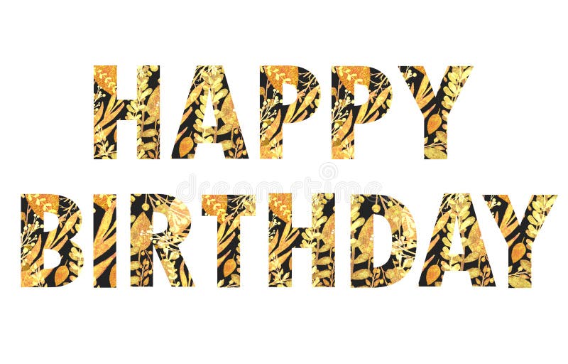 happy birthday black letters with golden leaves stock