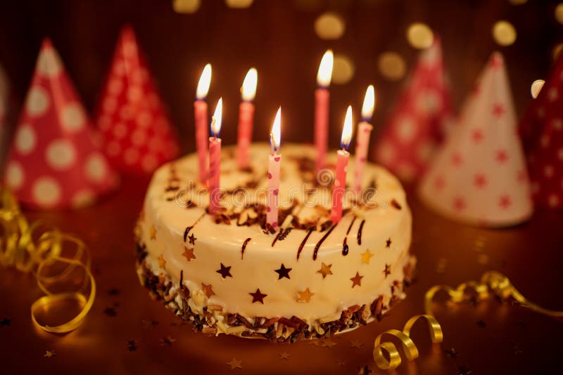 Happy Birthday Cake with Candles Stock Photo Image of decor, evening