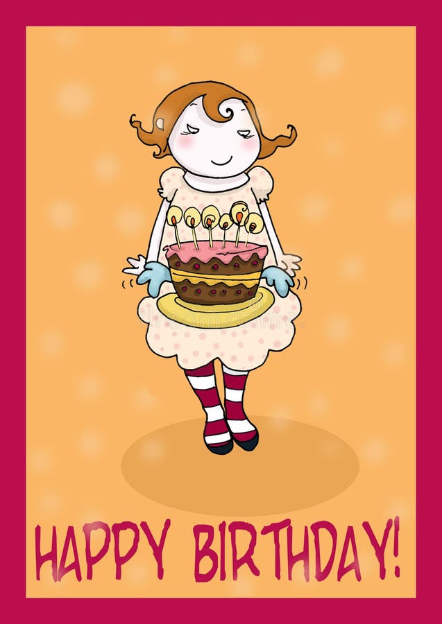 Happy birthday cake greetings card. Cute girl and flying cake greeting card, with writing. Digital colors royalty free illustration Happy birthday cake greetings card. Cute girl and flying cake greeting card, with writing. Digital colors royalty free illustration