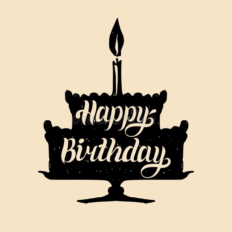 Happy Birthday cake with one candle. Vector hand lettering typography poster on festive pie silhouette. Greeting card.