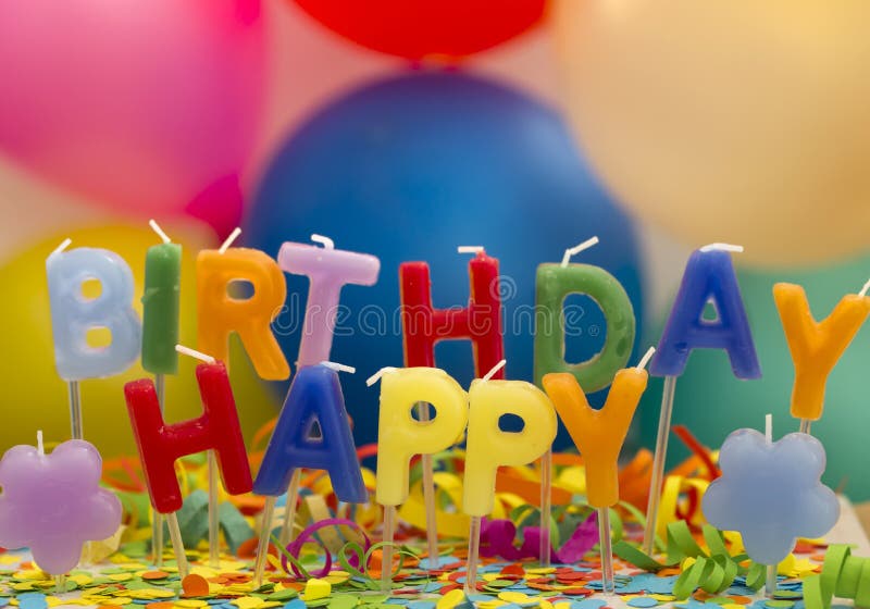 Happy Birthday Candles on Cake with Balloons Stock Photo Image of