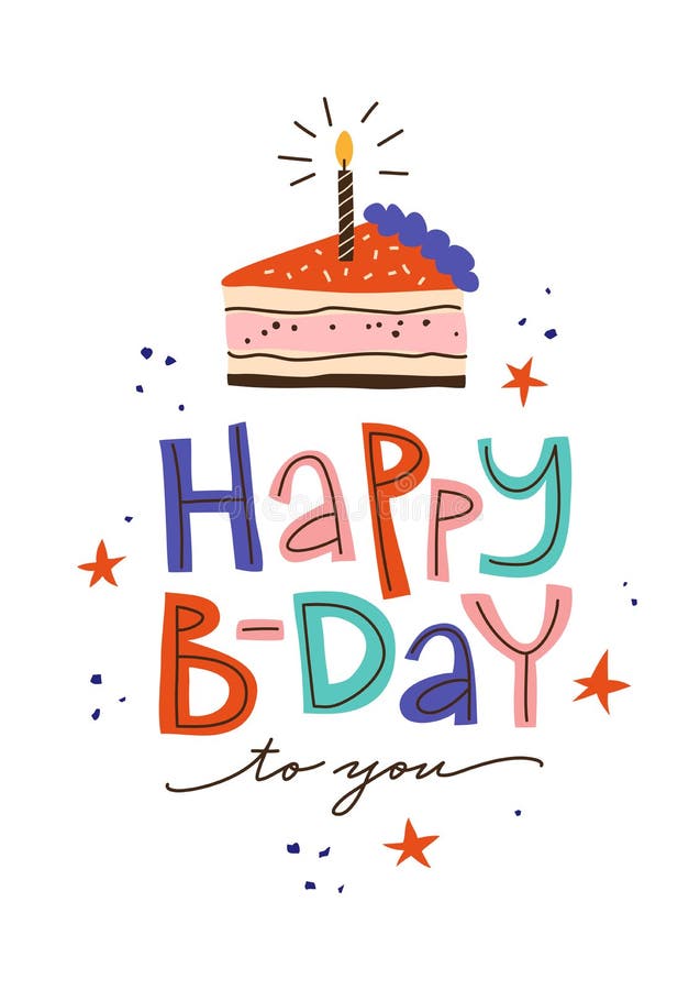 Happy Birthday Card with Cake Slice and Lettering Stock Vector ...