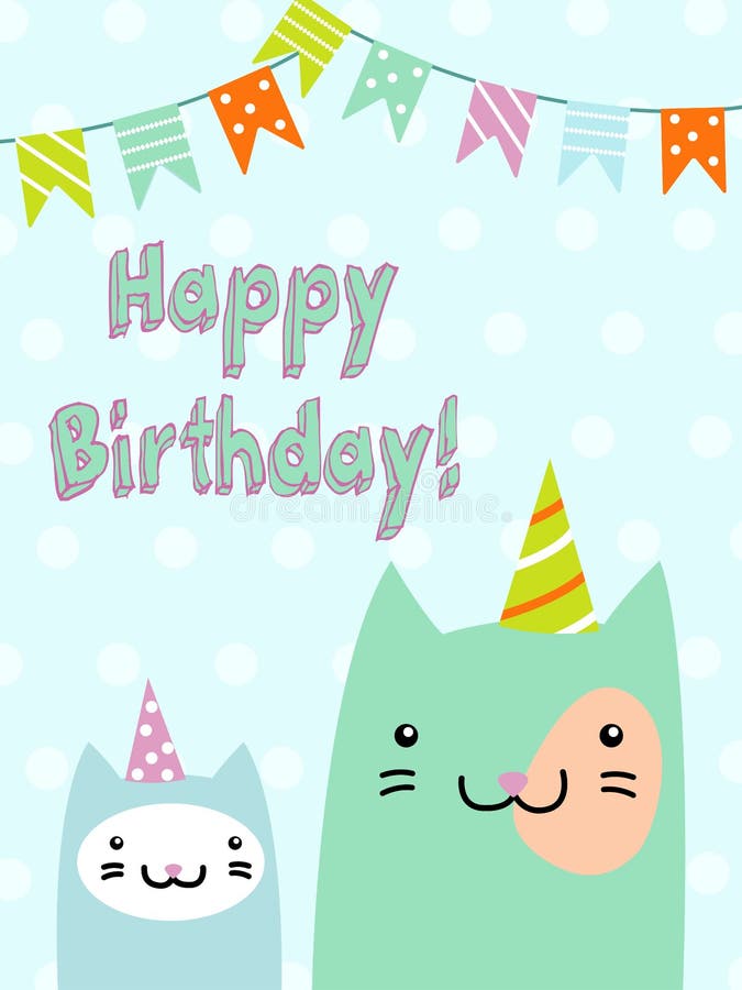 Happy Birthday Card with Cute Cats Stock Vector - Illustration of birth ...