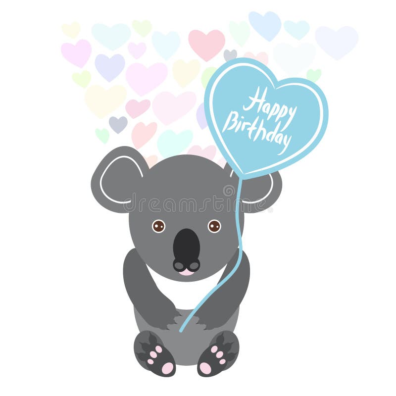 Happy Birthday Card Cute Kawaii Gray Koala with Balloon in the Shape of ...