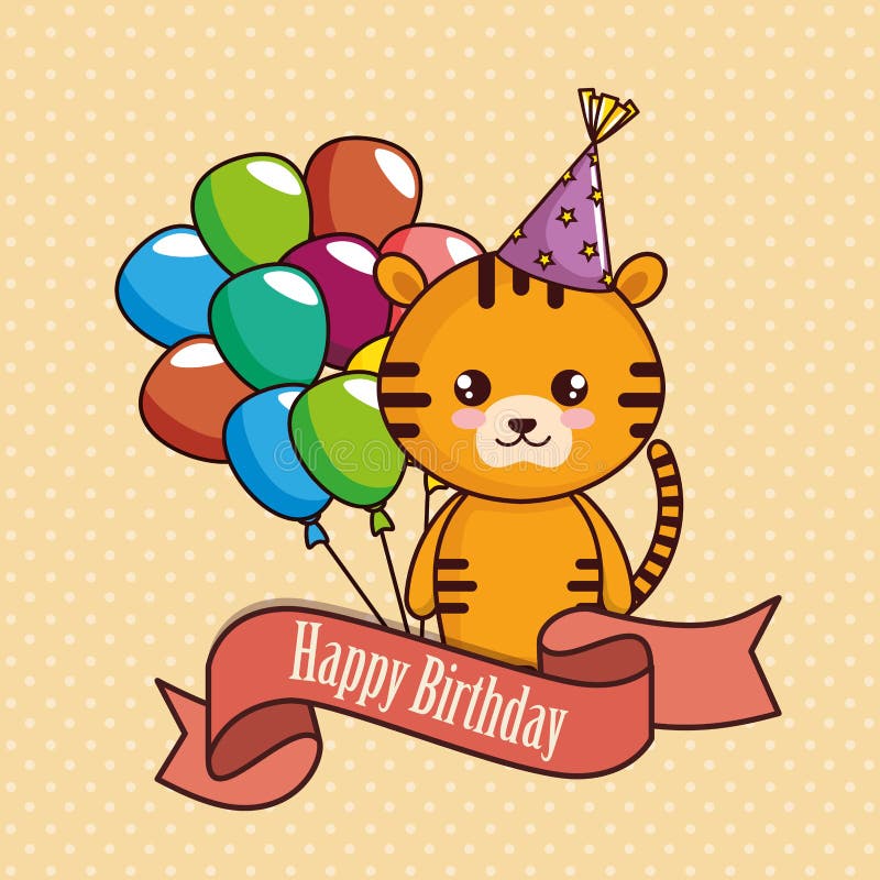 Happy Birthday Card with Cute Tiger Stock Vector - Illustration of ...