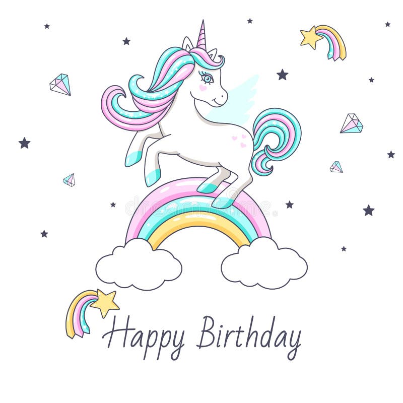 Happy Birthday Card with Cute Unicorn. Stock Vector - Illustration of ...