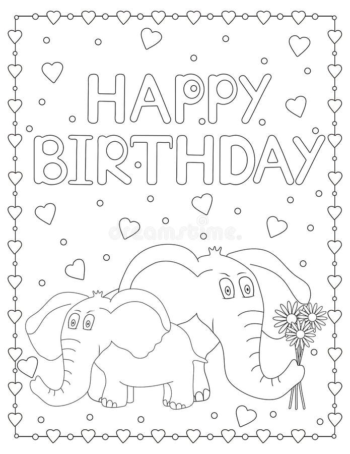 Happy Birthday Card with Elephants and Hearts. Coloring Page Stock ...