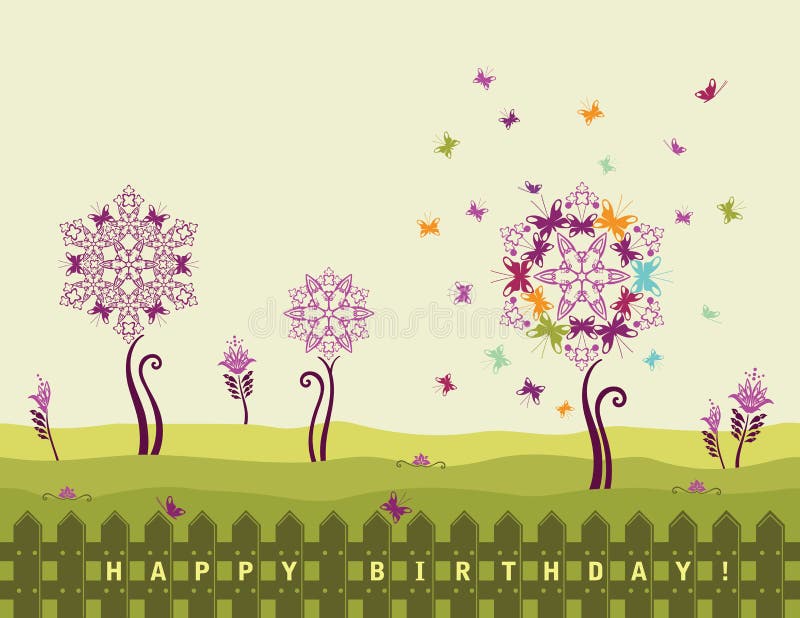 Happy birthday feminine card with flowers and butterflies in the garden and 'Happy Birthday!' message on a fence. This image is a vector illustration. Happy birthday feminine card with flowers and butterflies in the garden and 'Happy Birthday!' message on a fence. This image is a vector illustration