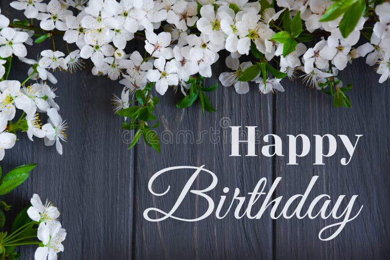 Happy birthday card with flowers. Spring card with blooming cherry on a gray wooden background. View from above