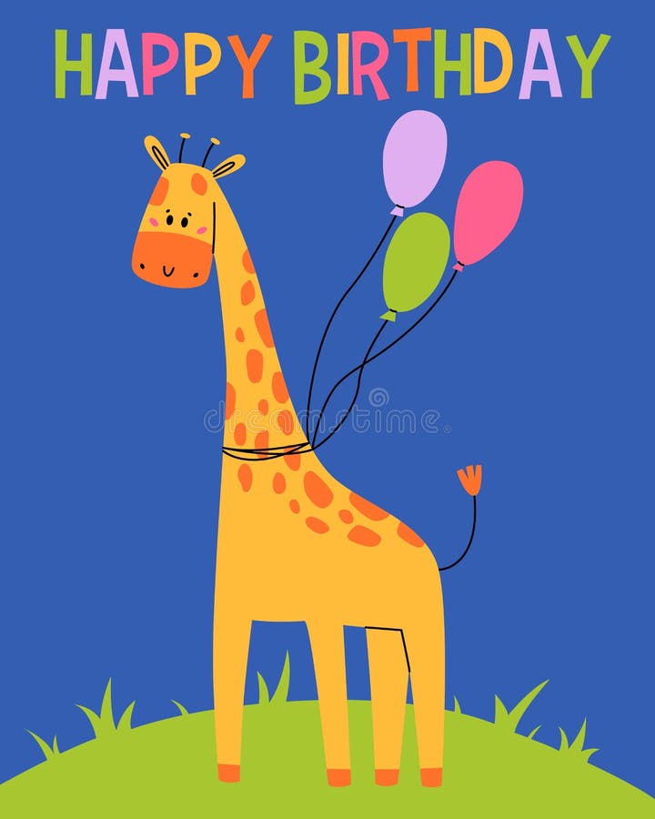 Happy Birthday Card with Fun Giraffe. Cute Animal with Balloon ...