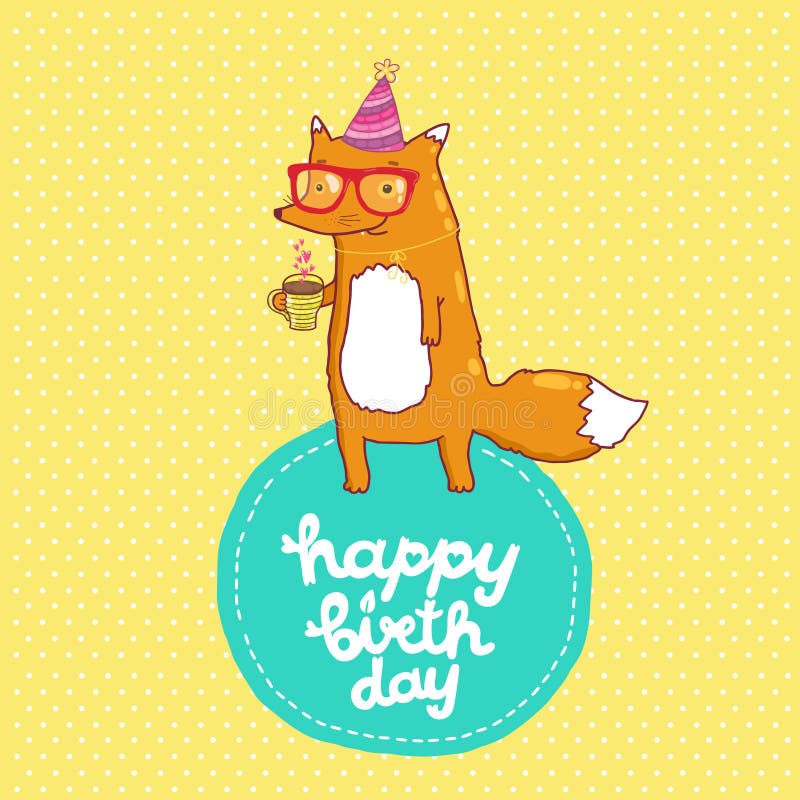 Happy Birthday Card with Hipster Fox. Stock Vector - Illustration of ...