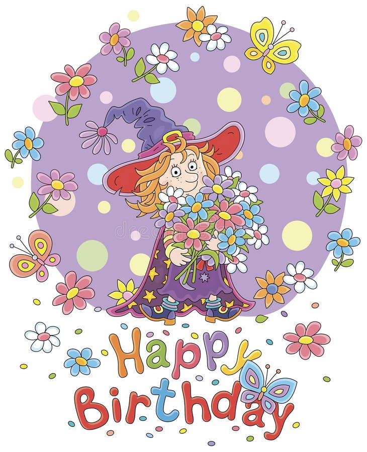 Happy Birthday Card with a Little Fairy and Flowers Stock Vector ...