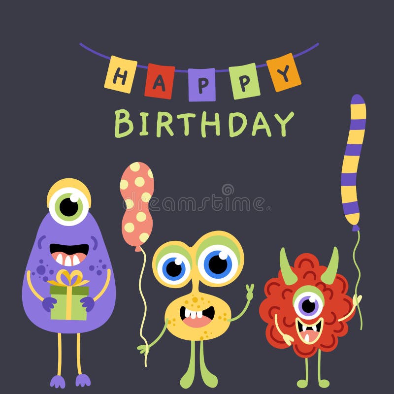 Happy Birthday Card. Monster Party. Monsters with Gift, Balloon. Flat ...