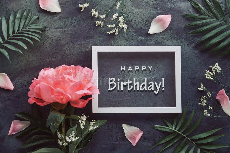 Happy Birthday Card With Peony And Palm Leaves. Flowers, Petals And Exotic  Leaves Around White Frame On Black, Dark Grey Stock Photo - Image Of Flat,  Text: 216712968