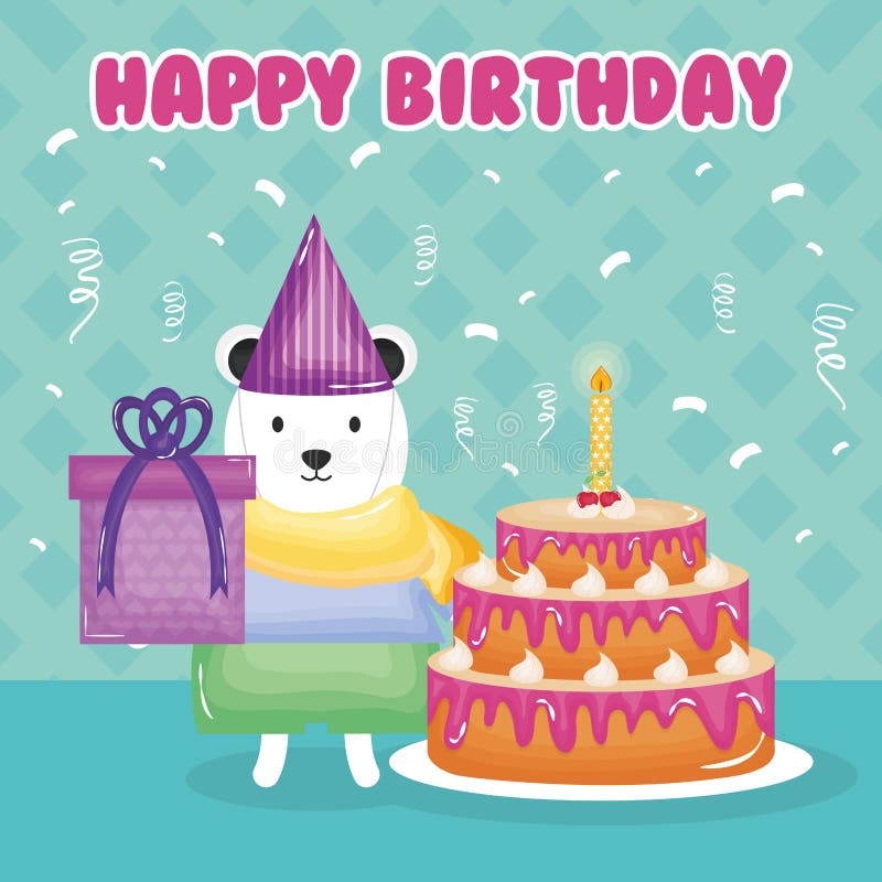 Happy Birthday Card with Polar Bear and Cake Stock Vector ...