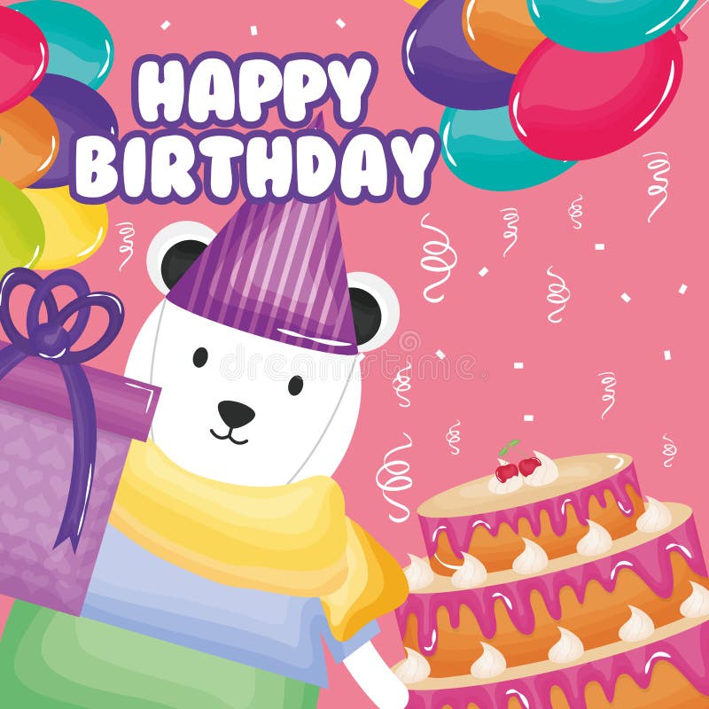 Happy Birthday Card with Polar Bear and Cake Stock Vector ...