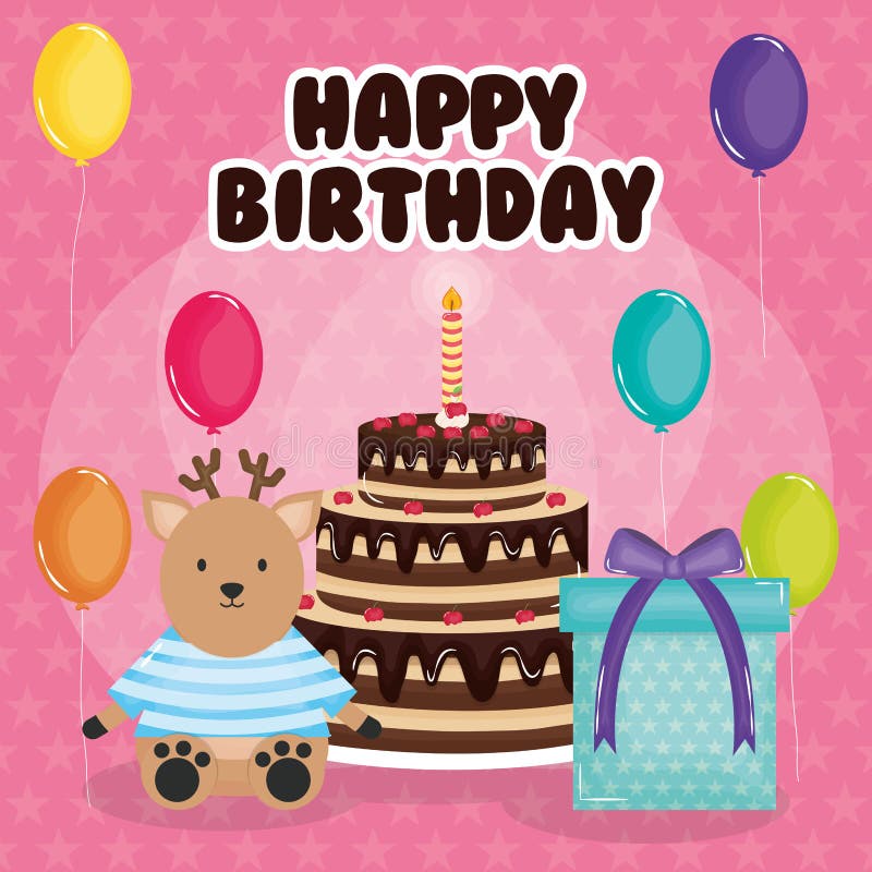 Happy Birthday Card with Reindeer and Cake Stock Vector - Illustration ...