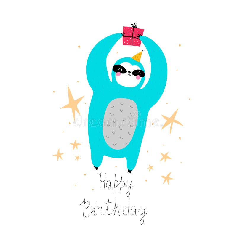 Download Happy Birthday. Cartoon Sloth, Hand Drawing Lettering With ...