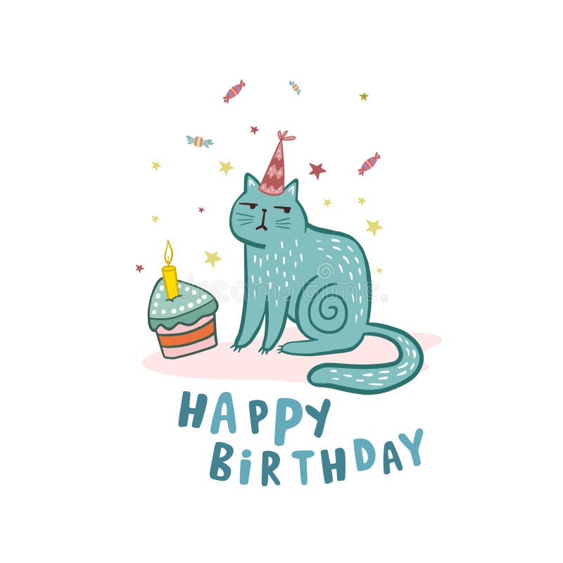 Happy Birthday. Cat in Cartoon Style. Vector Illustration.Drawing Cat ...