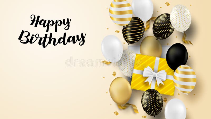 Happy Birthday Celebration Card. Design with Black, White, Gold Balloons  and Gold Foil Confetti Stock Vector - Illustration of golden, confetti:  184746880