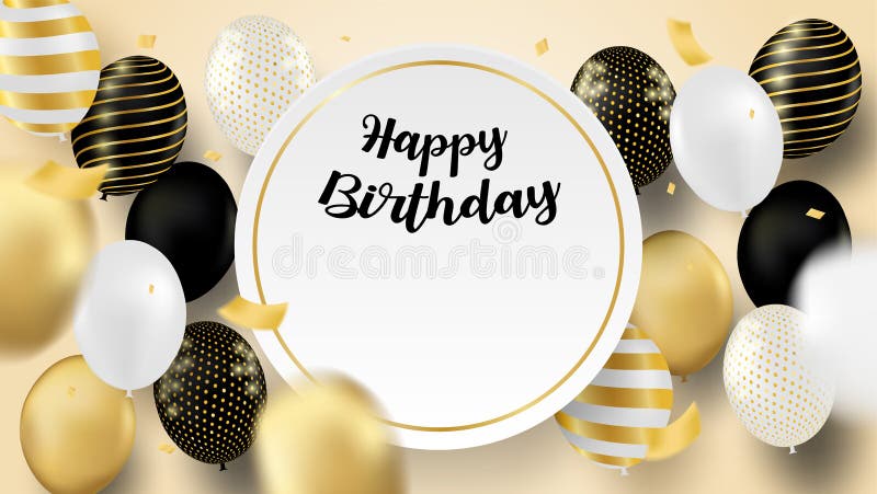 Happy Birthday Celebration Card. Design with Black, White, Gold Balloons  and Gold Foil Confetti Stock Vector - Illustration of foil, card: 184746907