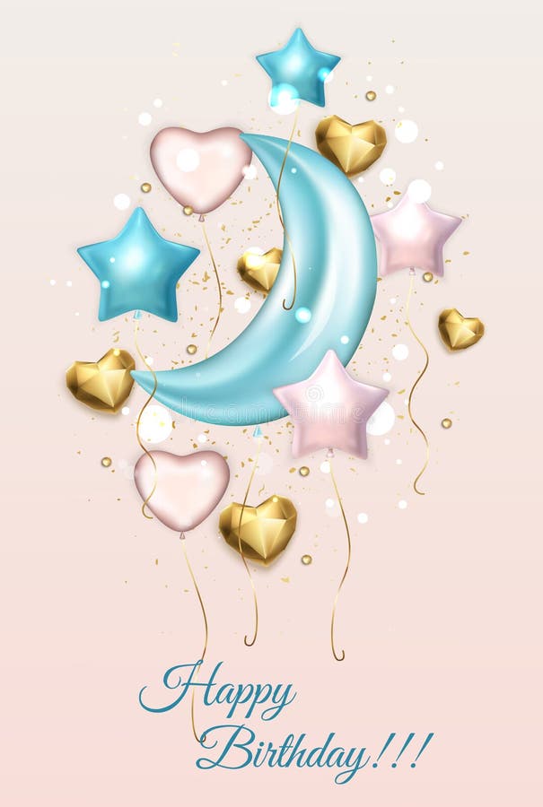 happy birthday celebration design colorful balloons stars moon heart color background card template greeting poster 211577295