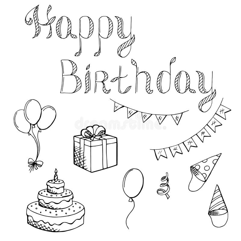 Happy Birthday Celebration Set Graphic Art Black White Isolated ...
