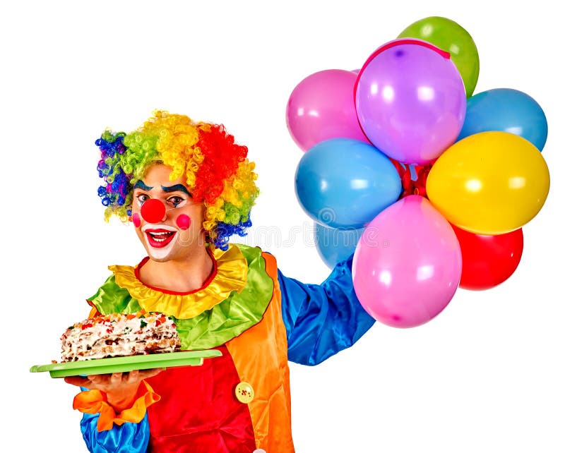 Happy birthday clown holding a bunch of balloons. 