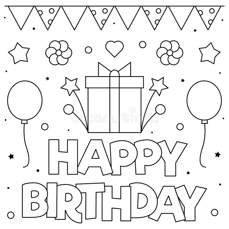 Happy Birthday. Coloring Page. Black and White Vector Illustration ...