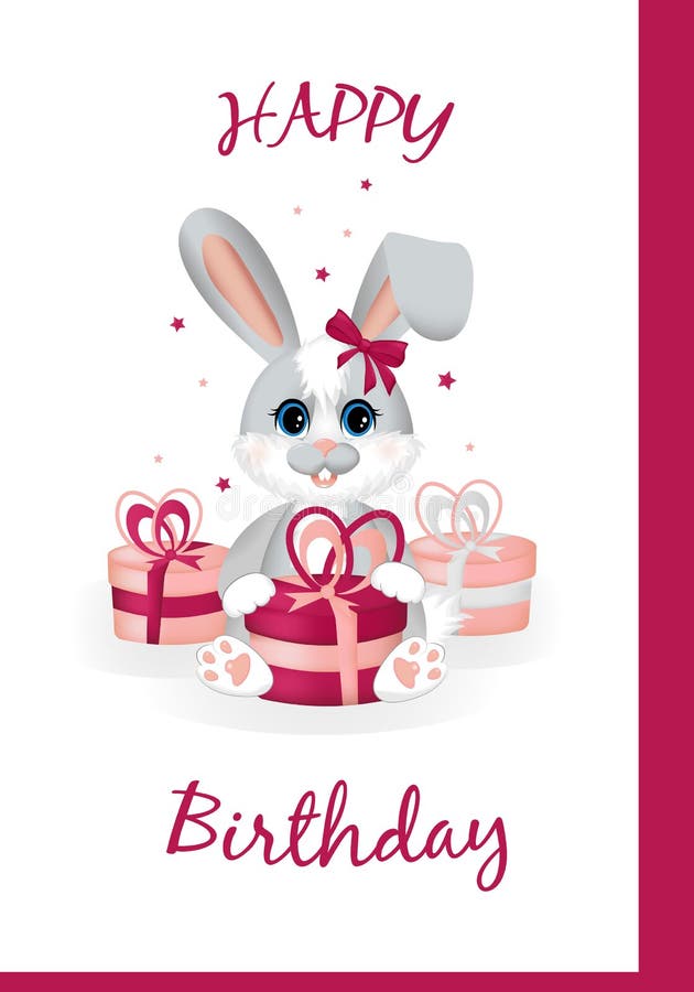 Happy Birthday. Cute Little Rabbit or Hare Sitting with Gifts Stock ...