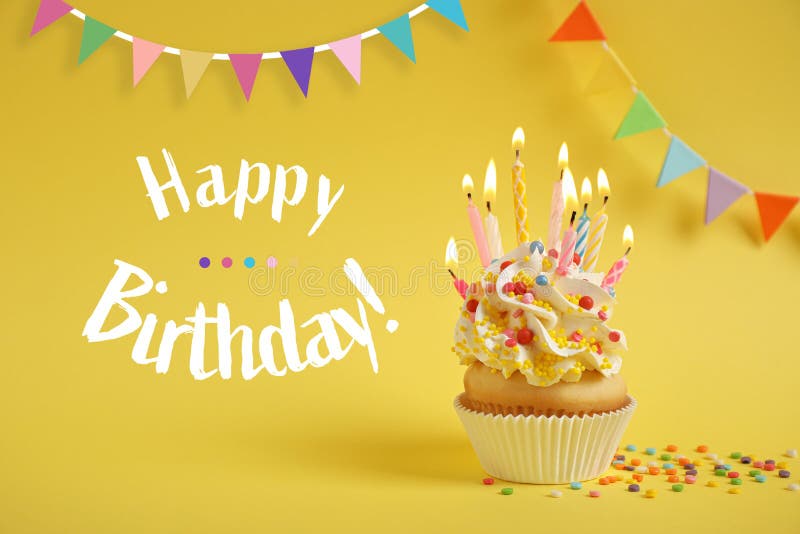 Happy Birthday! Delicious Cupcake with Candles on Yellow Background Stock  Image - Image of delicious, food: 221551403