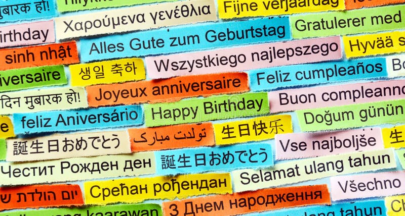 Happy Birthday Word Cloud printed on colorful paper different languages. Happy Birthday Word Cloud printed on colorful paper different languages