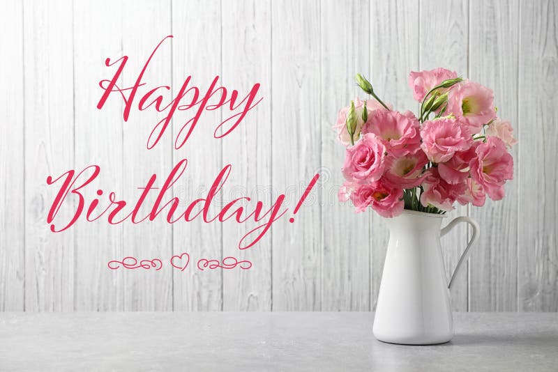 Happy Birthday! Eustoma Flowers in Vase on White Able Stock Photo ...