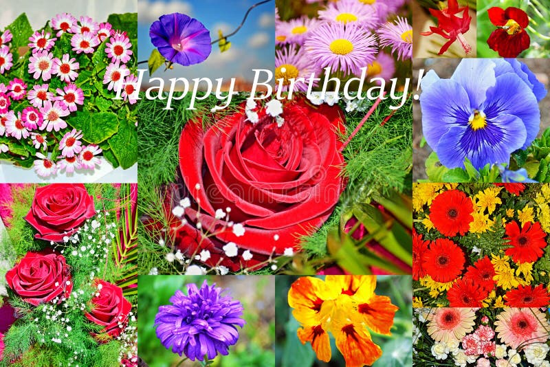 Many pictures of colorful bright flowers postcard with Happy Birthday label. Many pictures of colorful bright flowers postcard with Happy Birthday label