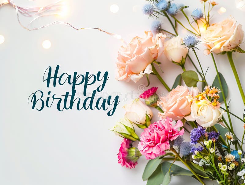 Happy birthday flowers with lights. AI generated