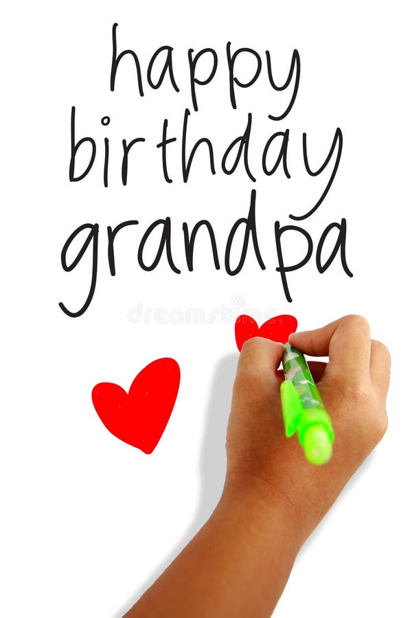 Girls hand holding a pen writing happy birthday grandpa greeting card