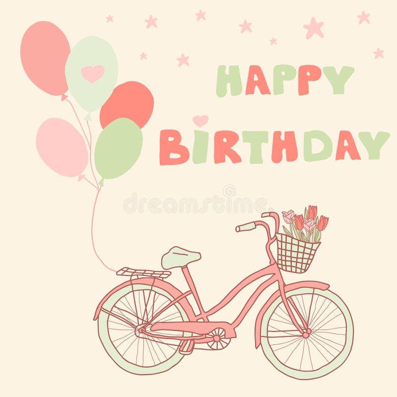 Happy Birthday Greeting Card With Bicycle, Balloons And Basket Stock ...