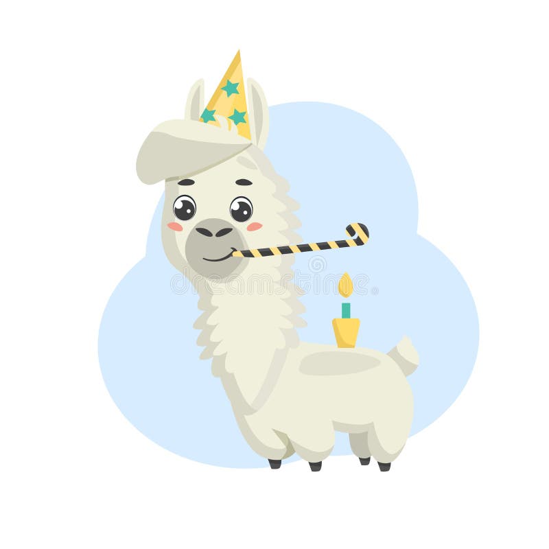 Happy birthday greeting card with celebrating Cute cartoon alpaca with birthday cap, cake with candle and party horn