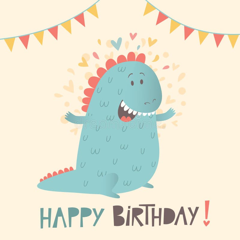 Download Happy Birthday Greeting Card With Cute Dinosaur Stock ...