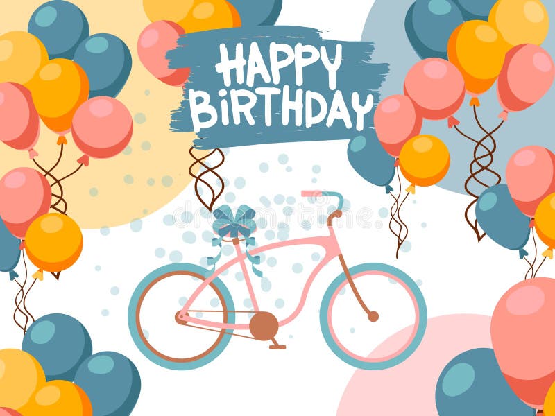 Happy birthday greeting card, vector illustration. Bicycle and balloons, birthday present, party invitation. Anniversary royalty free illustration